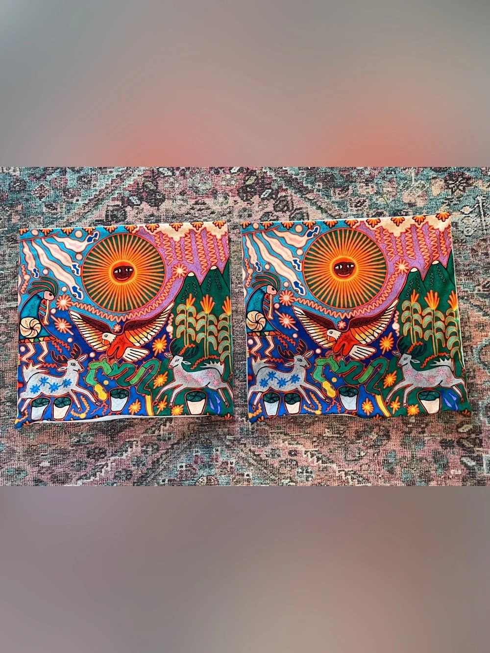 Set of 2 Vibrant Folk Art Sun & Animals Accent Pillow Covers - Multicolor
